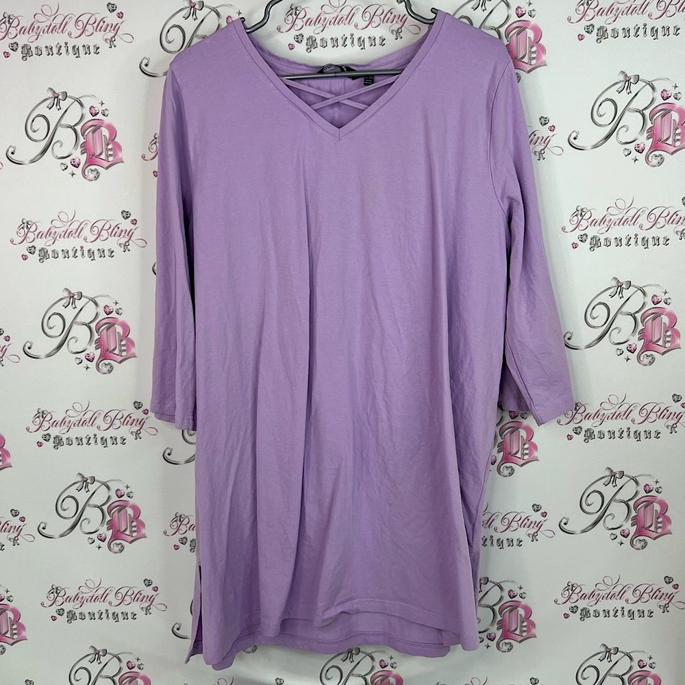 Ulla Popken long sleeve corset lace up detail front purple Lilac V-Neck Tunic